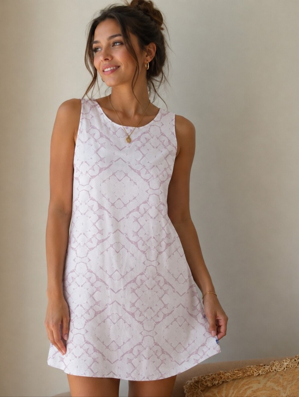 Sleeveless White Dress with Pale Lavender Pattern